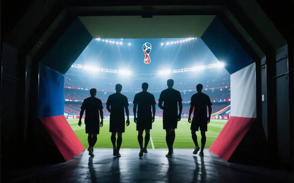 世界杯决赛氛围的球场通道，球员背影与国家色彩灯光，电影感